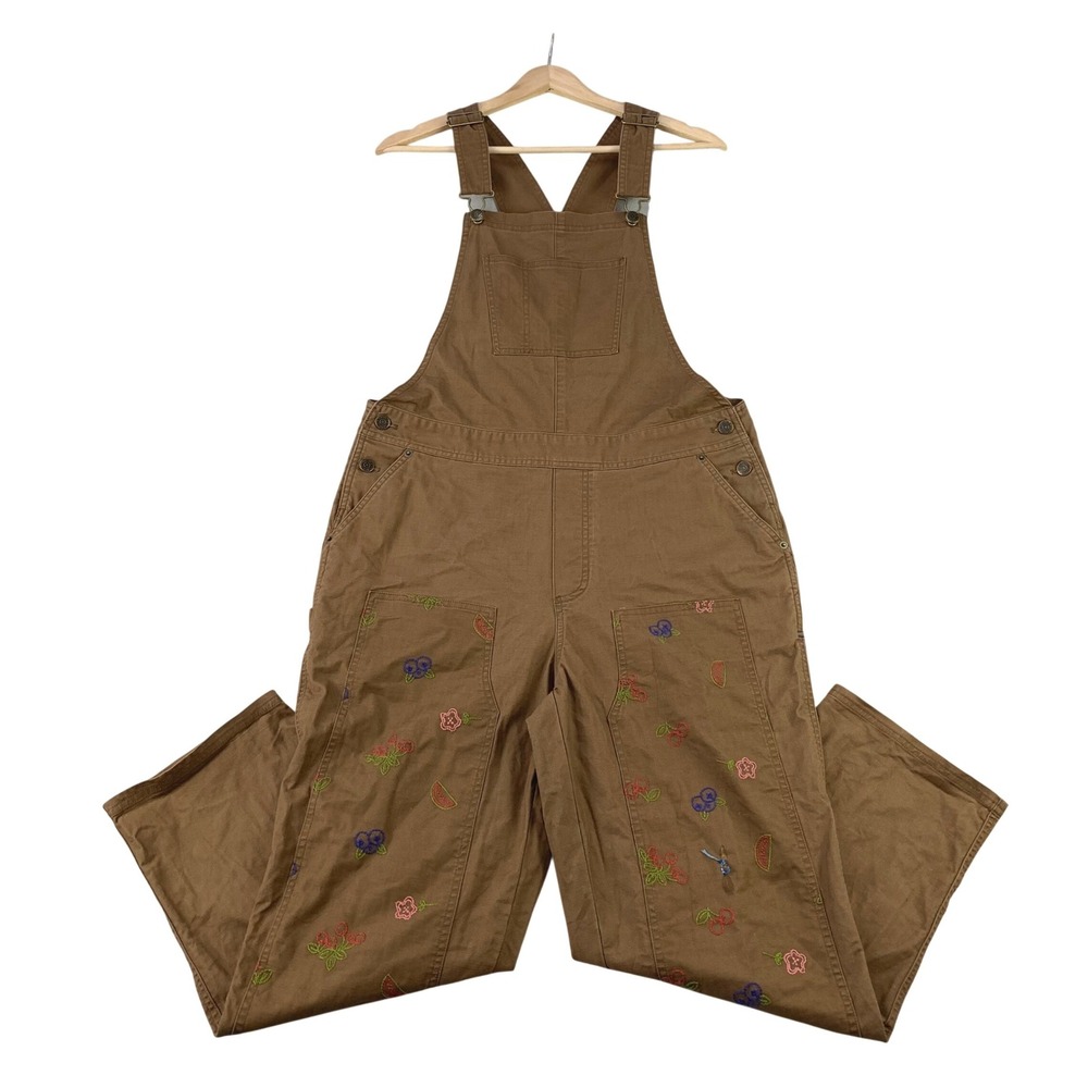 Toad&Co Juniper Utility Overalls Womens M Brown Canvas Fruit Embroidered Bibs